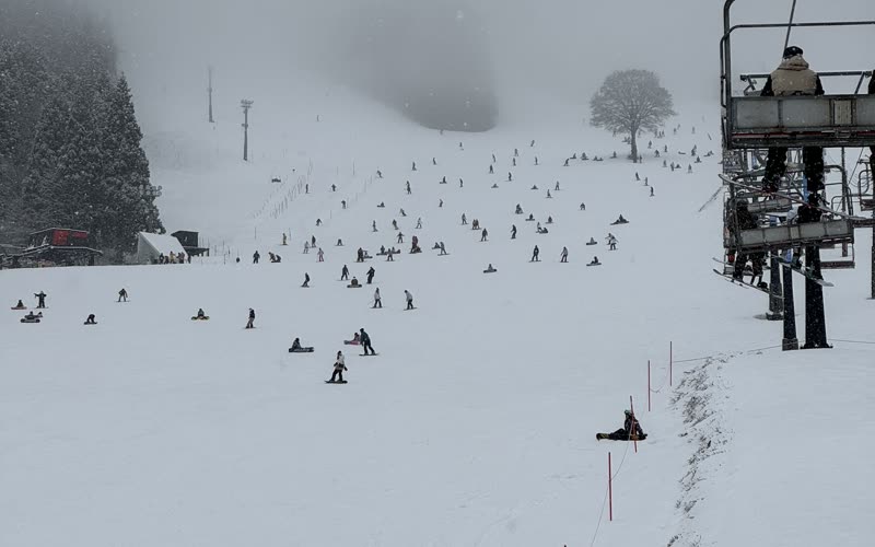 下雪天的神立滑雪場,寬闊雪道上散布著許多滑雪與單板遊客